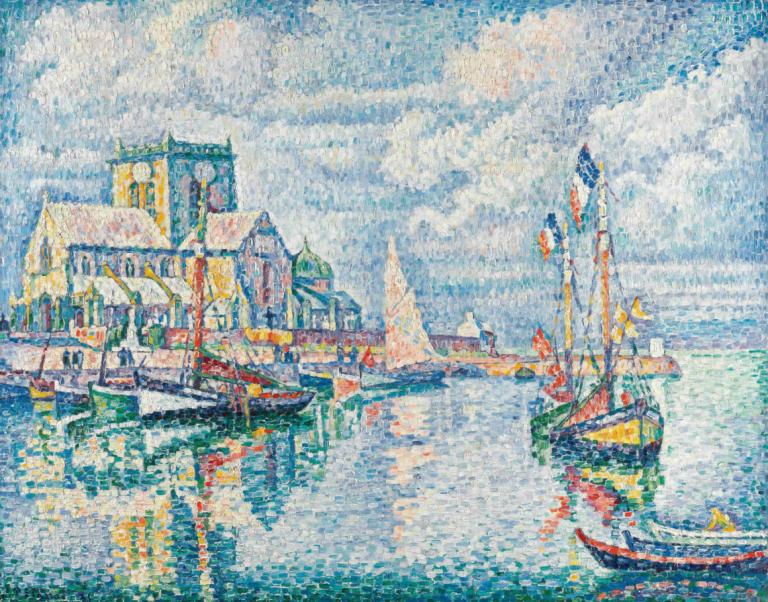 Barfleur,Paul Signac,Oil Painting,Oil Painting, watercraft, cloud, boat, sky, outdoors, scenery