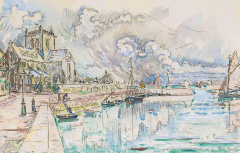 Barfleur, Le Port,Paul Signac,Oil Painting,Oil Painting, scenery, water, watercraft, outdoors, boat, cloud