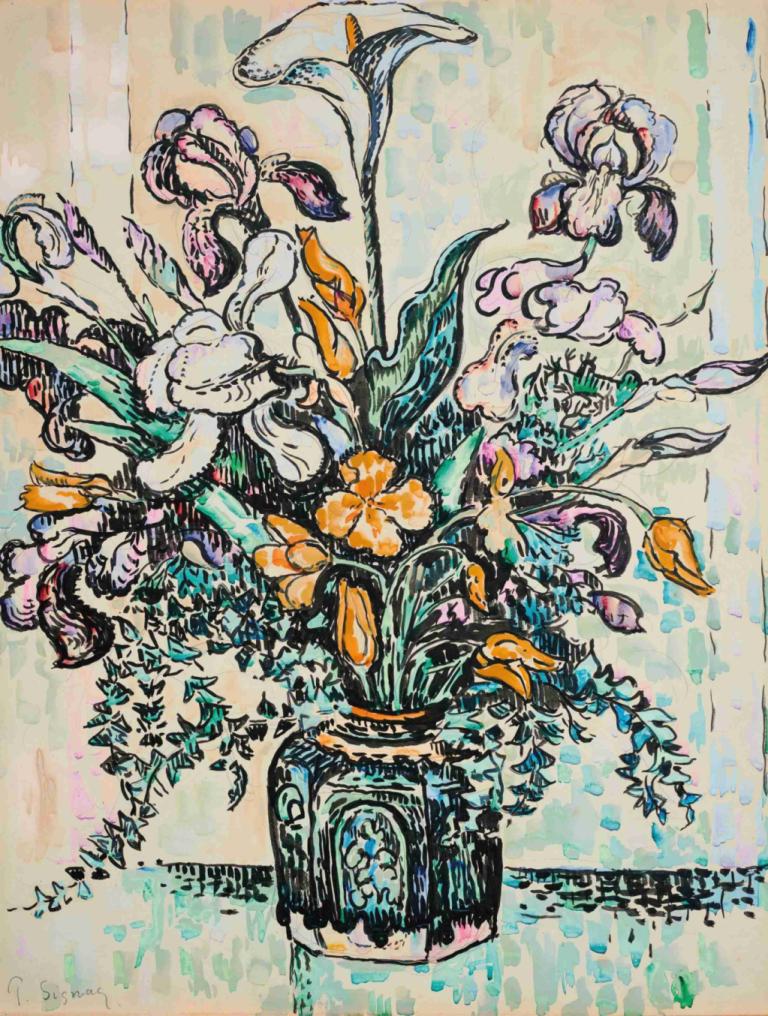 Bouquet (iris, arum, tulipes) dans un vase d’André Metthey,Paul Signac,Oil Painting,Oil Painting, flower