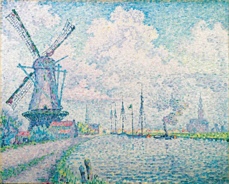 Canal of Overschie,Paul Signac,Oil Painting,Oil Painting, cloud, outdoors, sky, scenery, traditional media