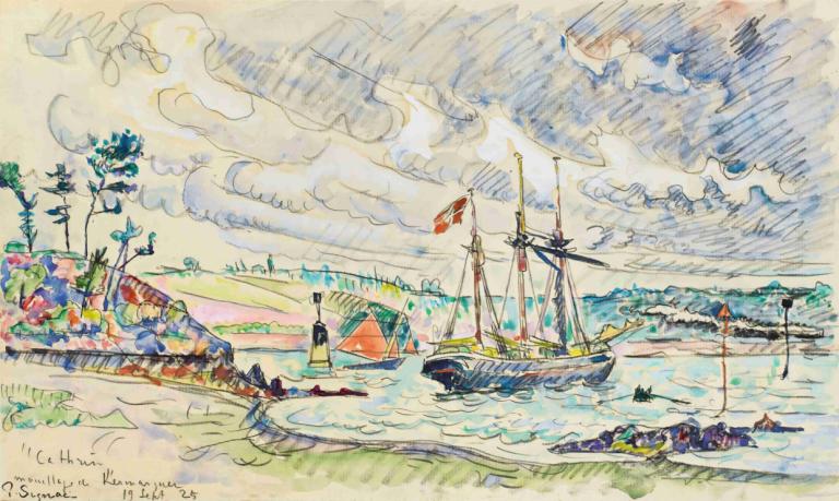 Cathrin À L'ancre, Mouillage De Kermarquer (Embouchure Du Trieux) ,卡特琳？L的前輩，克爾馬奎爾(三個月)。,Paul Signac,保羅·西格納克