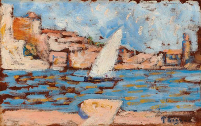 Collioure. La Tartane,Paul Signac,Oil Painting,Oil Painting, outdoors, traditional media, water, solo, 1girl