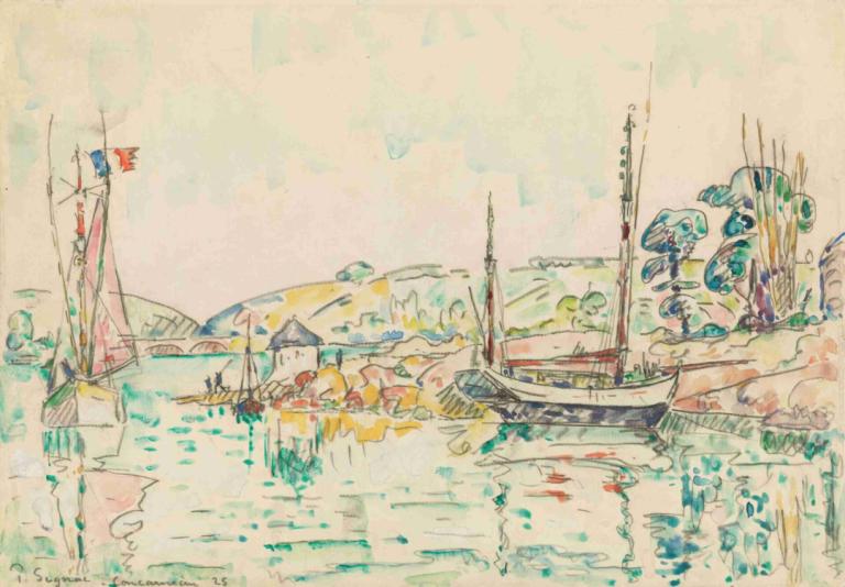 Concarneau,Paul Signac,Oljemålning,Oljemålning, båt, vattenskotrar, traditionella medier, vatten