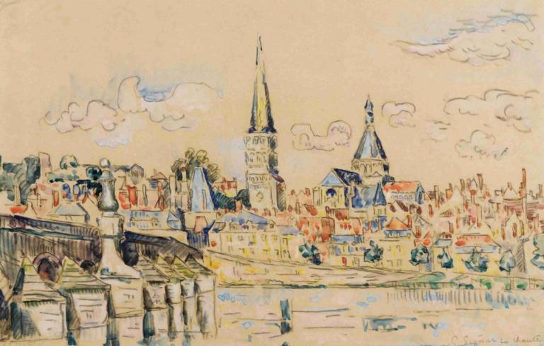 La Charité Sur Loire,Paul Signac,Oljemålning,Oljemålning, moln, inga människor, landskap, himmel