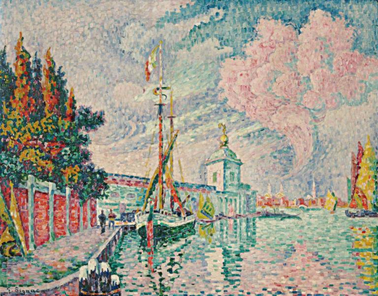 La Dogana, Venise,Paul Signac,Lukisan cat minyak,Lukisan cat minyak, pohon, awan, di luar rumah, pemandangan