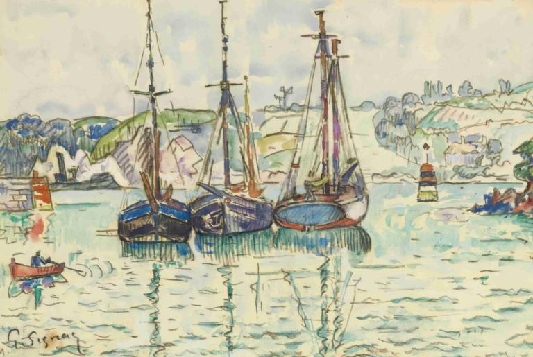 Le Trieux,特里奥家族,Paul Signac,保罗-西涅克,油画,油画, 船只, 船, 户外, 传统媒体, 水, 没有人类, 风景, 云, 树, 船, 海洋, 天空