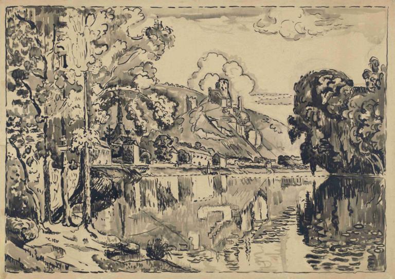 Les Andelys on a Summer Morning,夏日清晨的安德里斯,Paul Signac,保罗-西涅克,油画,油画, 单色, 树, 水, 云, 灰度, 户外, 天空, 建筑, 传统媒体, 风景