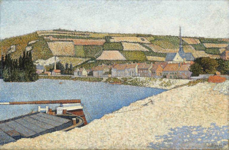 Les Andelys, Côte d’Aval,安德里斯，阿瓦尔河畔,Paul Signac,保罗-西涅克,油画,油画, 户外, 没有人类, 风景, 树, 建筑, 水, 船, 传统媒体, 天, 船只, 房子, 河