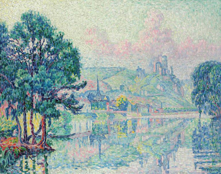 Les Andelys. Matin. Été,莱斯-安德里斯早上好夏季,Paul Signac,保罗-西涅克,油画,油画, 树, 传统媒体, 风景, 丰富多彩的, 户外, 抽象的, 建筑, 没有人类