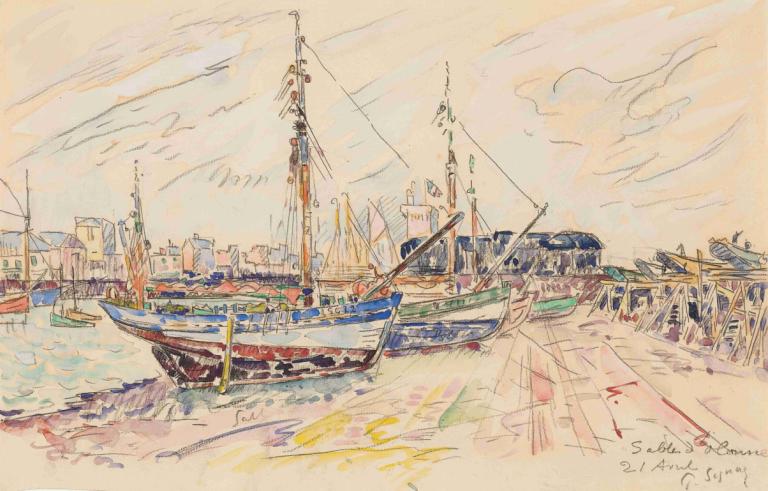 Les Sables d’ Olonne,莱索布勒德奥洛纳,Paul Signac,保罗-西涅克,油画,油画, 船只, 没有人类, 船, 过时的, 传统媒体, 云, 户外, 风景, 天空, 建筑, 船, 水, 签名