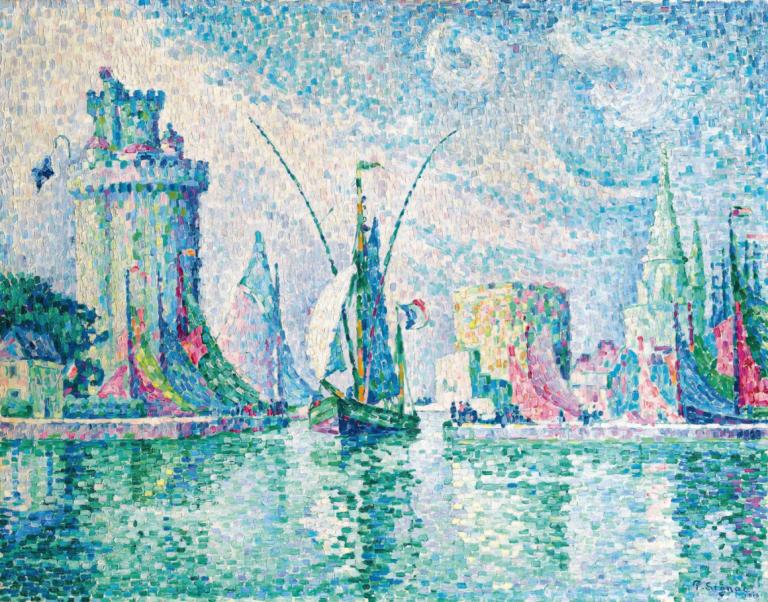 Les Tours Vertes, La Rochelle,拉罗谢尔的 Les Tours Vertes,Paul Signac,保罗-西涅克,油画,油画, 水, 钓竿, 树, 抽象的, 风景, 户外, 丰富多彩的