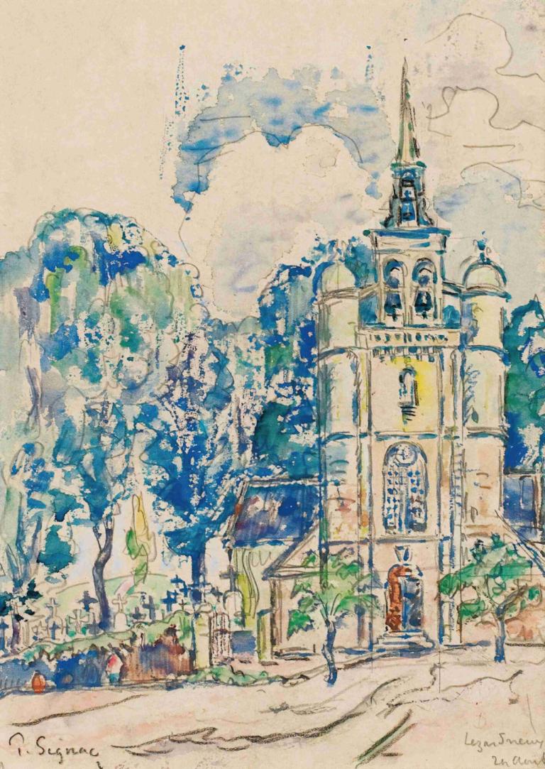 Lezardieux,Paul Signac,保罗-西涅克,油画,油画, 没有人类, 树, 风景, 建筑, 传统媒体, 户外, 过时的, 云, 绘画（中）, 天空, 路, 水彩（中）