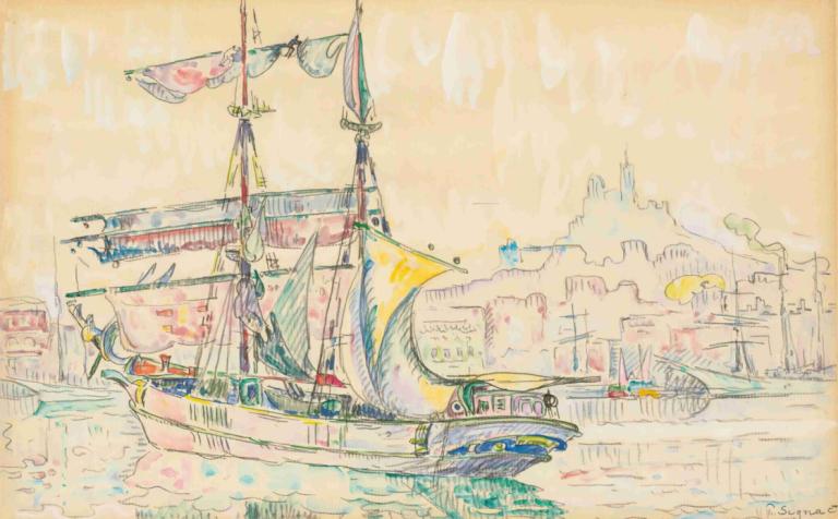 Marseille. Voilier,马赛帆船,Paul Signac,保罗-西涅克,油画,油画, 船只, 船, 传统媒体, 没有人类, 建筑, 风景, 城市, 水