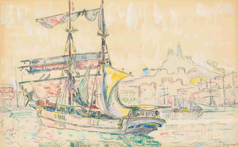 Marseille. Voilier,马赛帆船,Paul Signac,保罗-西涅克,油画,油画, 船只, 船, 传统媒体, 没有人类, 建筑, 风景, 水