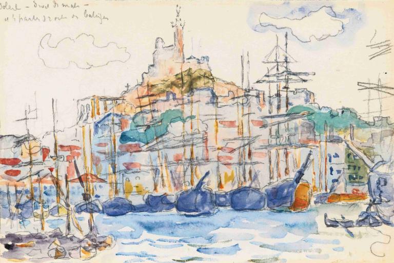 Marseilles,马赛,Paul Signac,保罗-西涅克,油画,油画, 传统媒体, 没有人类, 船只, 过时的, 绘画（中）, 船, 云, 水彩（中）, 户外, 水, 风景, 天空