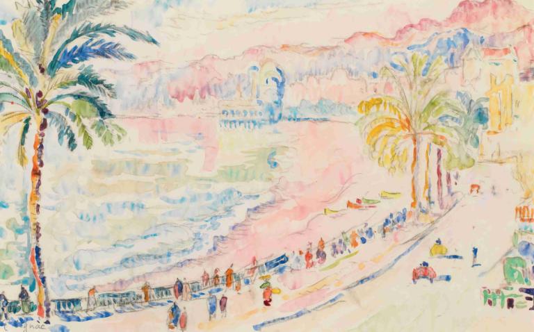 Nice, La Promenade Des Anglais,Paul Signac,Oil Painting,Oil Painting, tree, palm tree, traditional media