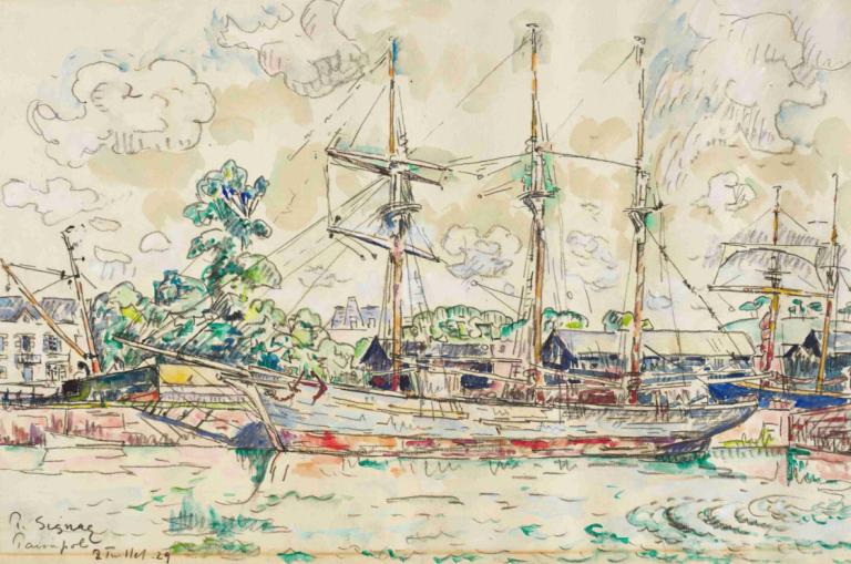 Paimpol,Paul Signac,Oil Painting,Oil Painting, watercraft, no humans, cloud, boat, outdoors