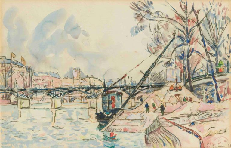 Paris, La Seine Au Pont Des Arts,Paul Signac,Oil Painting,Oil Painting, tree, traditional media, water, 1girl