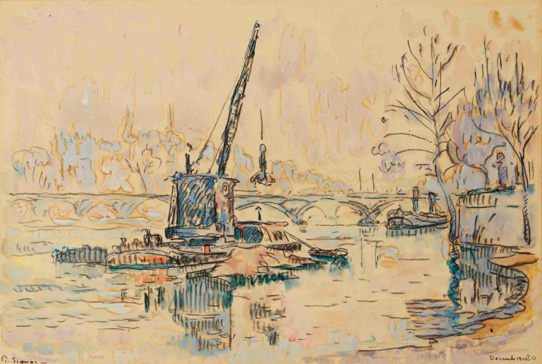 Paris, La Seine au Quai Malaquais (the crane),Paul Signac,Oil Painting,Oil Painting, tree, watercraft, boat