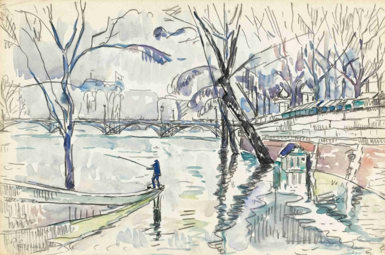 Paris, Le Pont Des Arts,Paul Signac,Oil Painting,Oil Painting, tree, bare tree, solo, water, outdoors