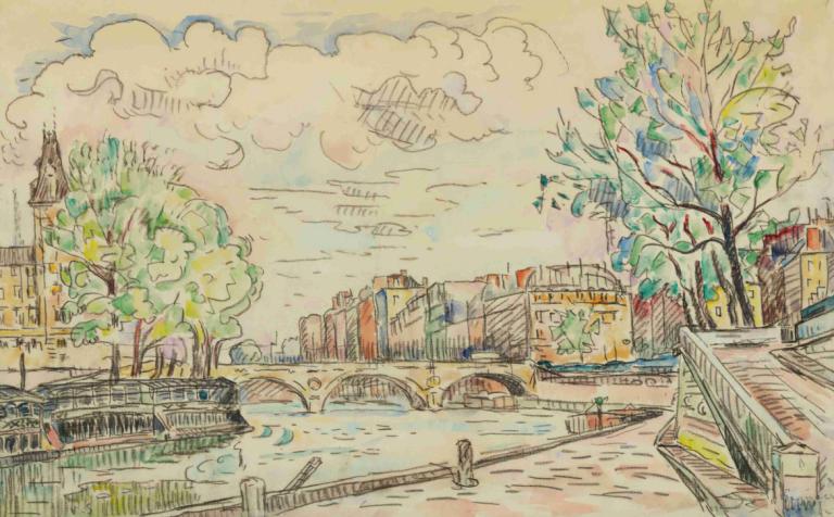 Paris, Le Pont Louis Philippe,Paul Signac,Oil Painting,Oil Painting, tree, cloud, traditional media, sky