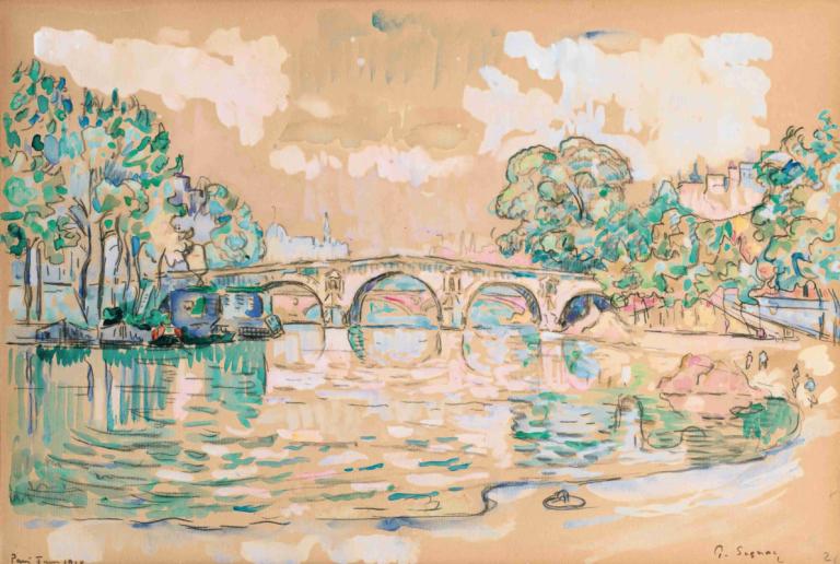 Paris, Le Pont Marie,Paul Signac,Oil Painting,Oil Painting, water, tree, boat, cloud, scenery, no humans