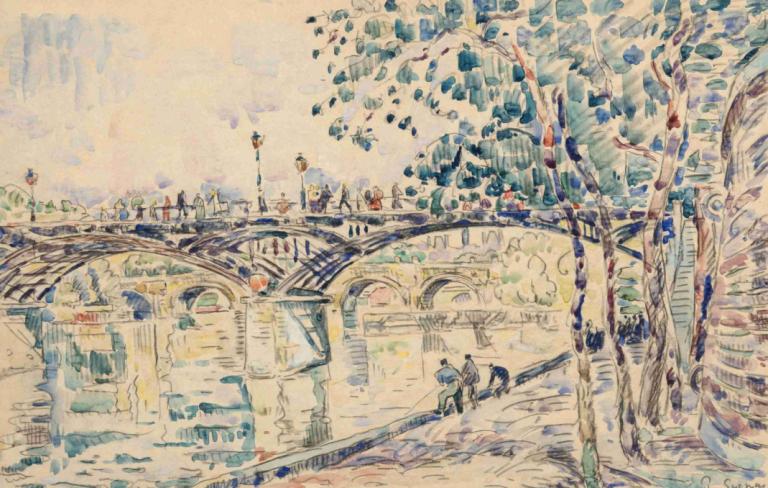 Paris, le Pont des Arts,Paul Signac,Oil Painting,Oil Painting, tree, scenery, traditional media, outdoors