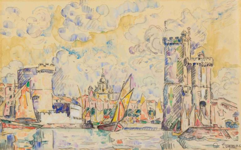 Port De La Rochelle,Paul Signac,Oil Painting,Oil Painting, cloud, no humans, traditional media, building