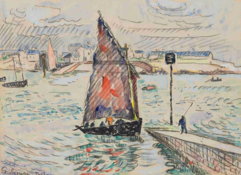 Port-Louis,Paul Signac,Oljemålning,Oljemålning, båt, vattenskotrar, flera pojkar, traditionella medier