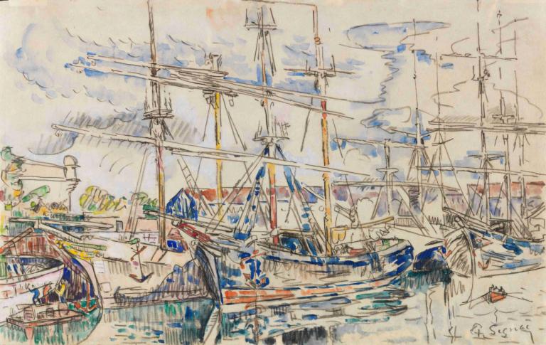 Saint-Malo, Les Terre-Neuvas,Paul Signac,Oljemålning,Oljemålning, vattenskotrar, moln, båt, inga människor