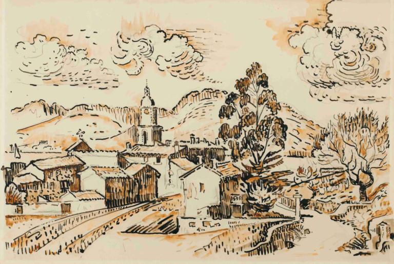 Saint-Tropez, Le Clocher,Paul Signac,Oljemålning,Oljemålning, moln, träd, inga människor, utomhus, himmel