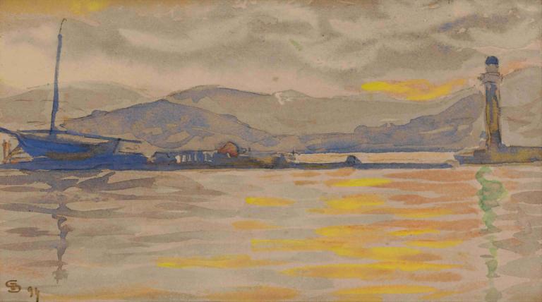 Saint-Tropez, Le Port,Paul Signac,Oljemålning,Oljemålning, utomhus, solo, moln, reflexion, himmel, svart hår