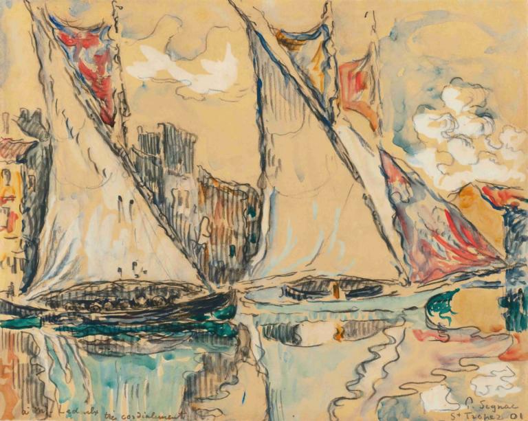 Saint-Tropez, Voiles Au Sec,Saint-Tropez, tørre seil,Paul Signac,Oljemaleri,Oljemaleri, vannscooter, båt