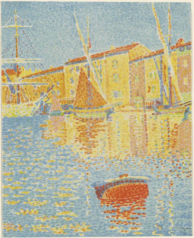 The Buoy (La bouée),Bøyen,Paul Signac,Oljemaleri,Oljemaleri, båt, utendørs, vann, vannscooter, bygning, natur