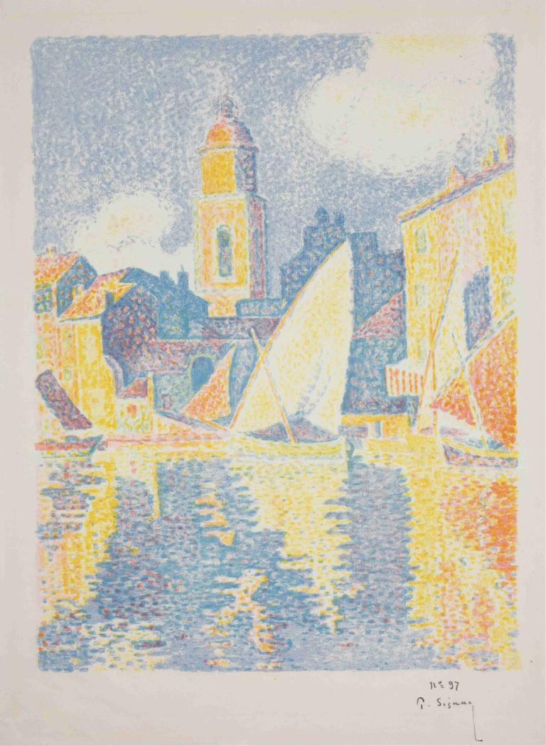 The Port of St. Tropez,Havnen i St. Tropez,Paul Signac,Oljemaleri,Oljemaleri, båt, vannscooter, vann, himmel