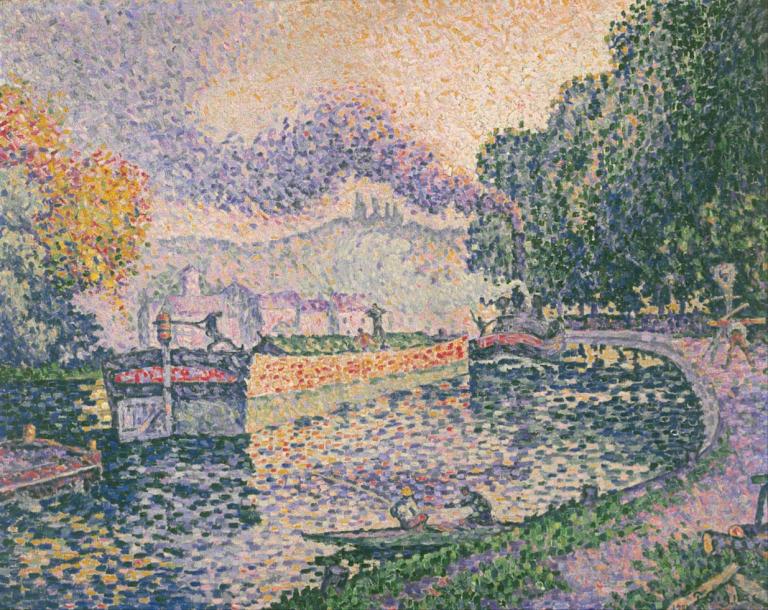 The Tugboat, Canal in Samois,Taubåten, kanalen på Samois,Paul Signac,Oljemaleri,Oljemaleri, natur, utendørs