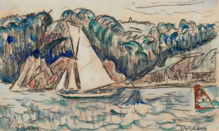 Voilier naviguant sur le Trieux,Perahu layar di Trieux,Paul Signac,Lukisan cat minyak,Lukisan cat minyak