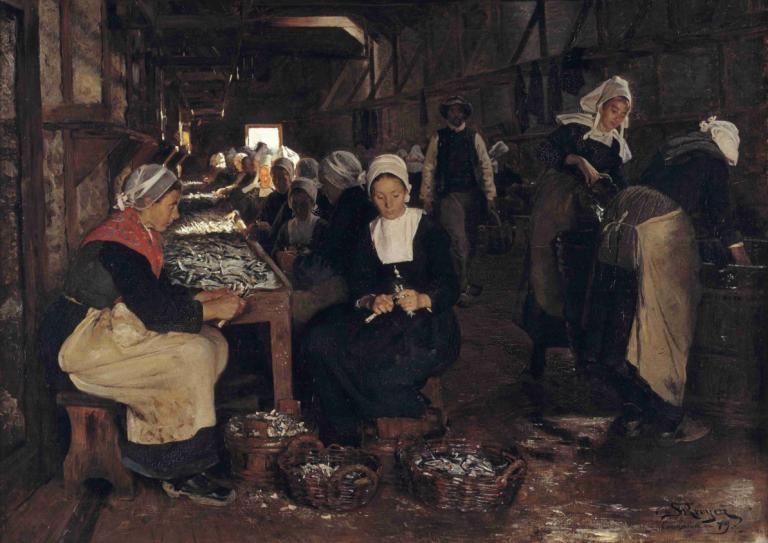 A Sardine Cannery in Concarneau,Peder Severin Krøyer,Oil Painting,Oil Painting, multiple girls, multiple boys