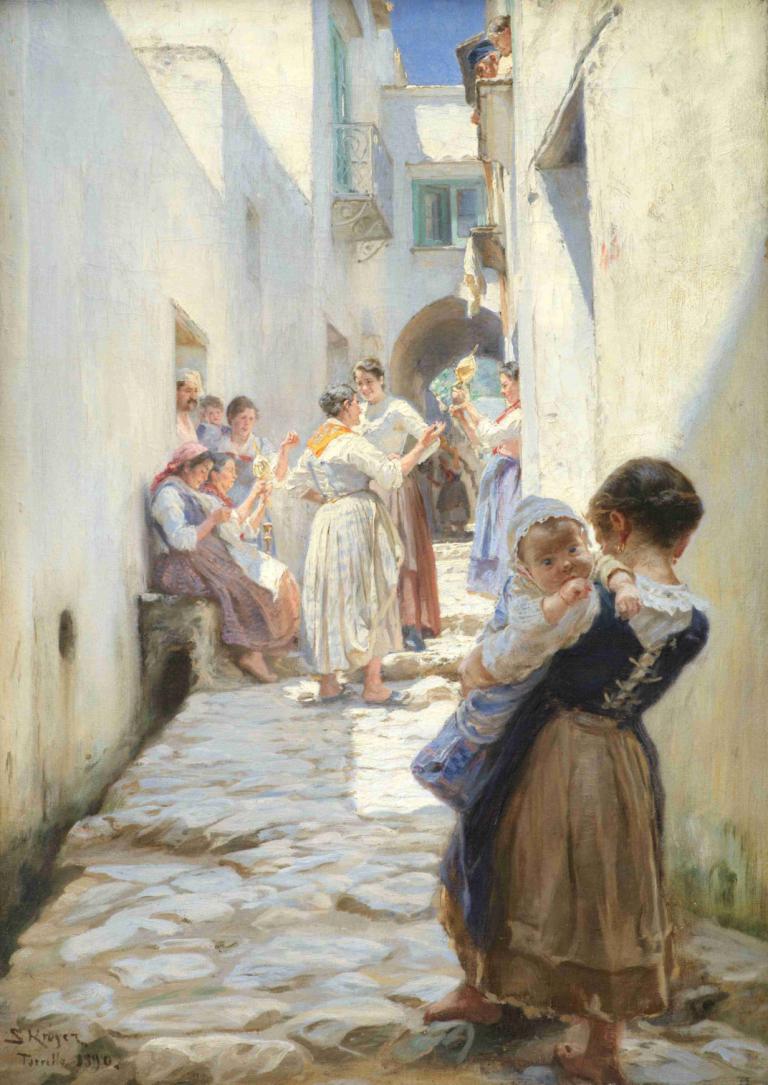 A Street in Torello, Italy,Peder Severin Krøyer,Oil Painting,Oil Painting, multiple girls, multiple boys