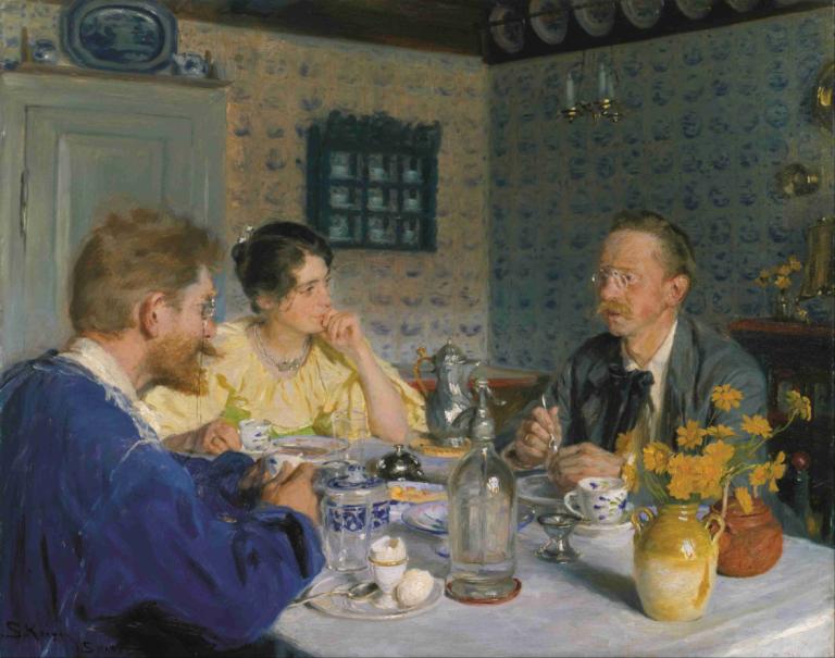 A luncheon. The artist, his wife and the writer Otto Benzon,Een lunch. De kunstenaar