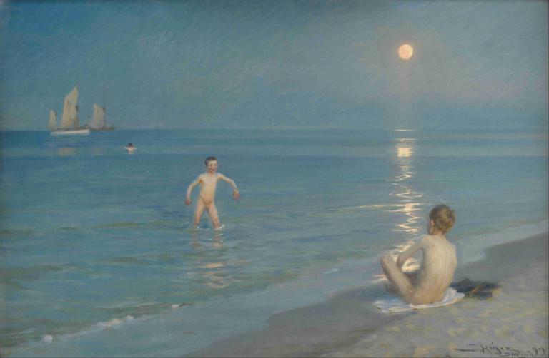 Boys Bathing at Skagen. Summer Evening,Peder Severin Krøyer,Oil Painting,Oil Painting, multiple boys, 2boys