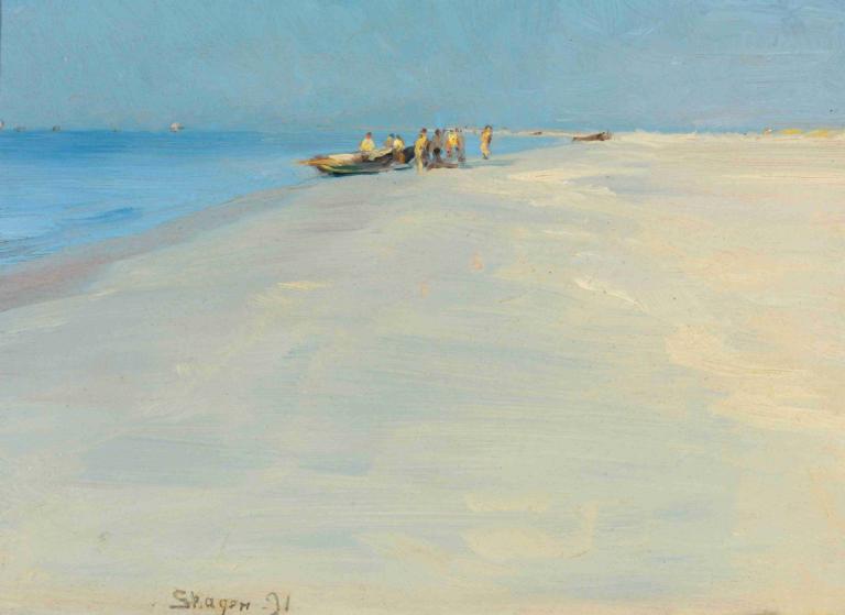 Fishermen On The Beach At Skagen,Peder Severin Krøyer,Oil Painting,Oil Painting, outdoors, watercraft, beach