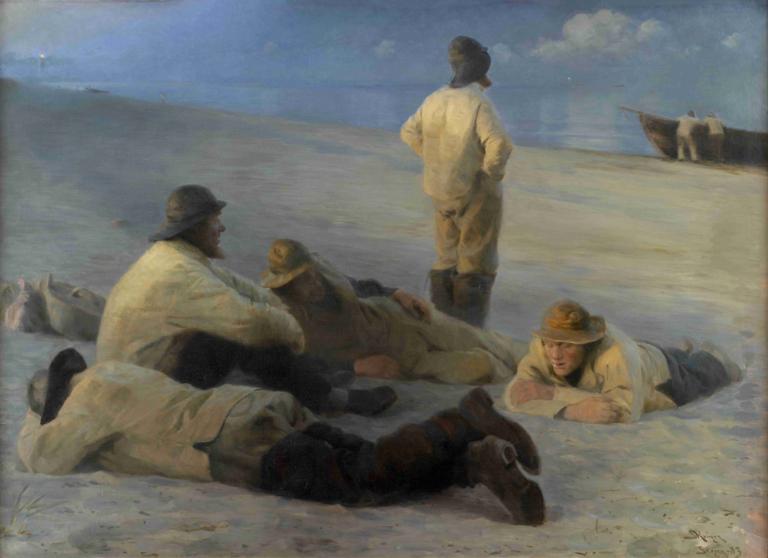 Fishermen at Skagen Beach,Peder Severin Krøyer,Oil Painting,Oil Painting, multiple boys, traditional media