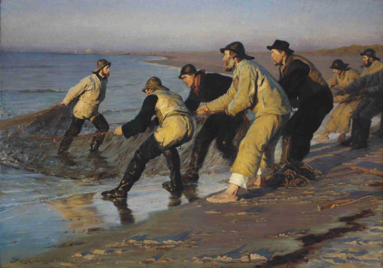 Fishermen hauling nets, North Beach, Skagen. Late afternoon,Peder Severin Krøyer,Oil Painting,Oil Painting