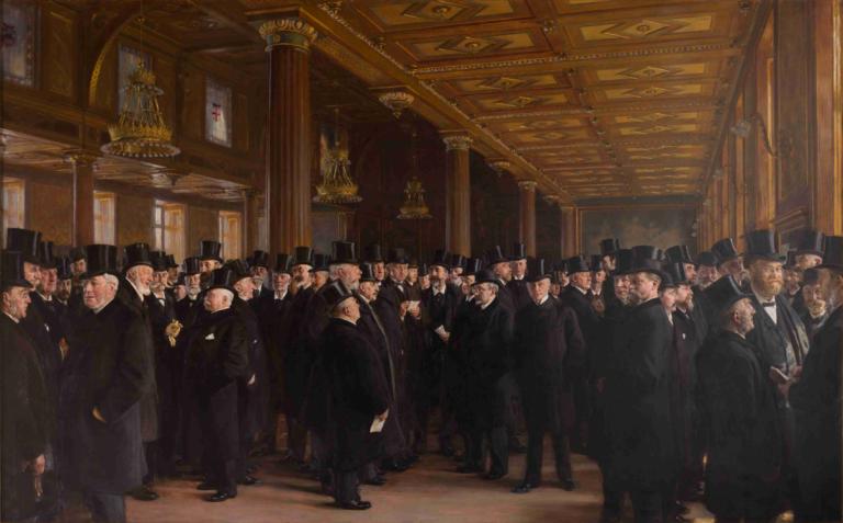 From Copenhagen Stock Exchange,Peder Severin Krøyer,Oil Painting,Oil Painting, 6+boys, indoors, multiple boys