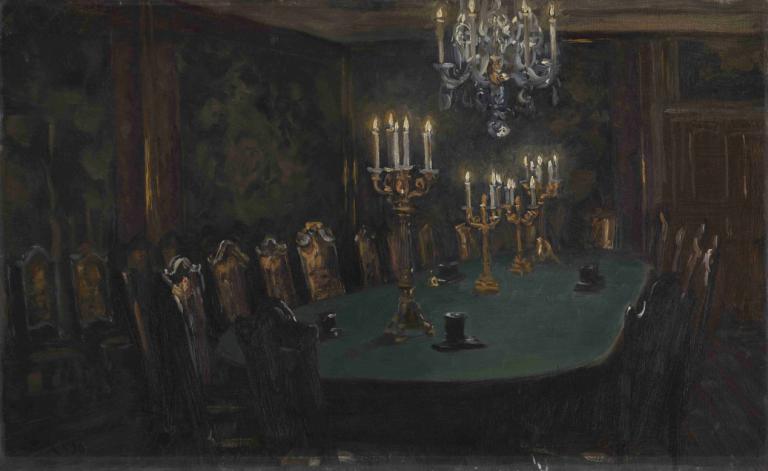 Interiør,Interieur,Peder Severin Krøyer,Olieverf,Olieverf, kaars, kandelaar, binnenshuis, tafel, landschap