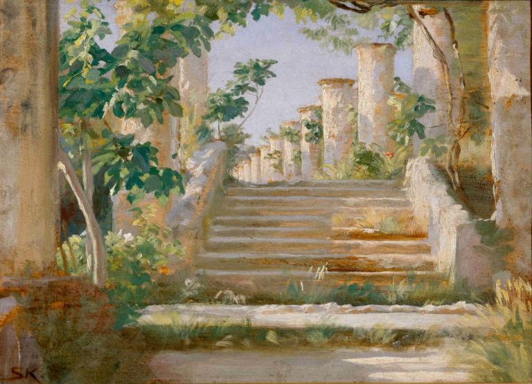 Loggia in Ravello,Peder Severin Krøyer,Olieverf,Olieverf, geen mensen, landschap, buitenshuis, boom