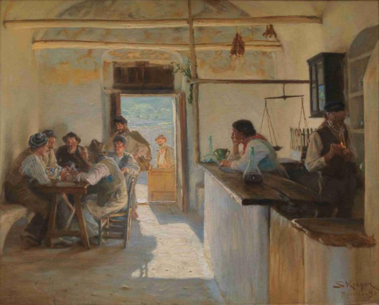 Osteria in Ravello.,Peder Severin Krøyer,Olieverf,Olieverf, meerdere jongens, binnenshuis, zitten, tafel