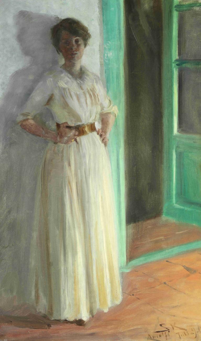 Portræt af Marie Krøyer,Portret van Marie Krøyer,Peder Severin Krøyer,Olieverf,Olieverf, 1meisje, solo, jurk