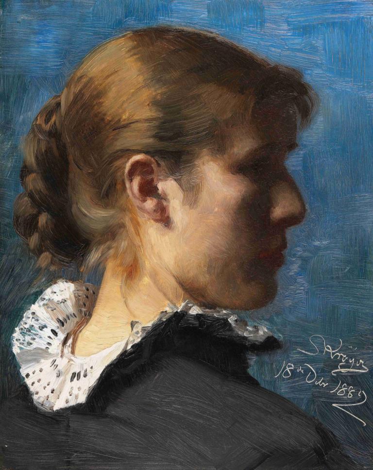 Portrait of a young woman in profile,Portret van een jonge vrouw in profiel,Peder Severin Krøyer,Olieverf